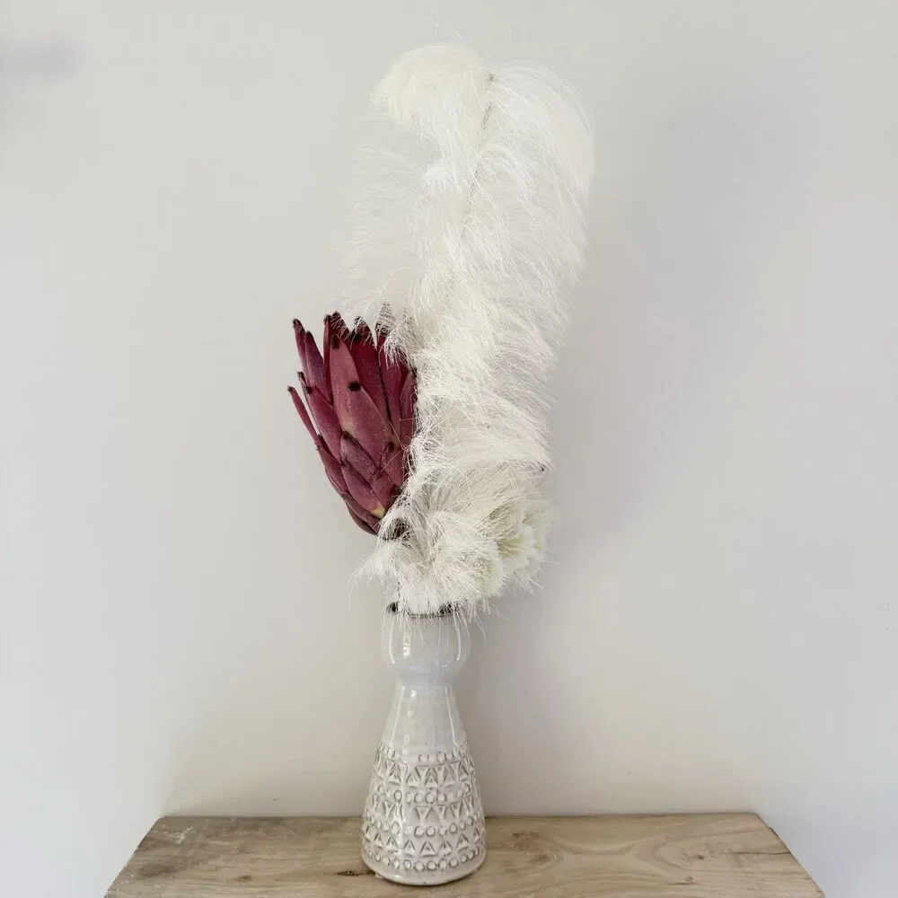 Handmade Faux Floral Island Lady Tall Arrangement Protea, Ball Flower, Feather
